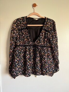 Lucky Brand Black Floral V-Neck Peasant Blouse